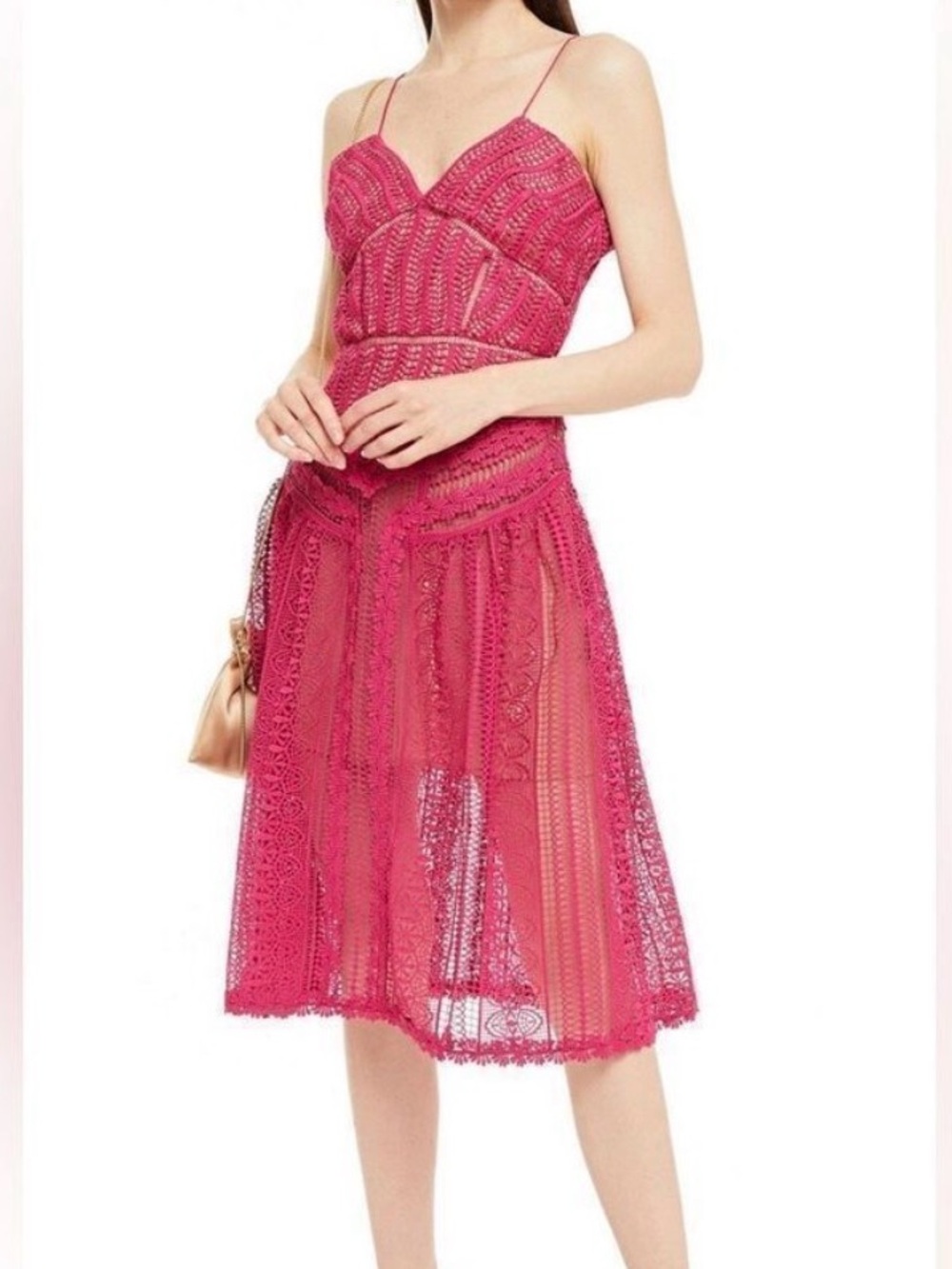 Self-Portrait Fuchsia Guipure Lace Spiral Midi Dress Nude Lining Size 6